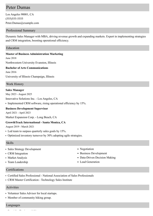 Sales manager resume example