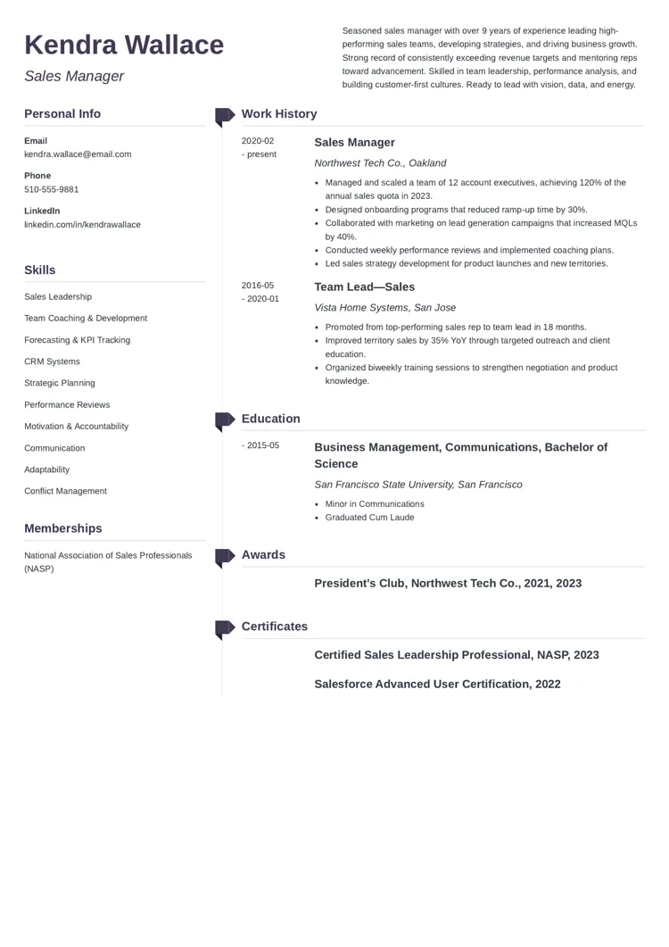 Sales Manager Resume Example by zety