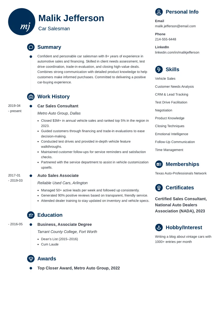 Car Salesman Resume Example by zety