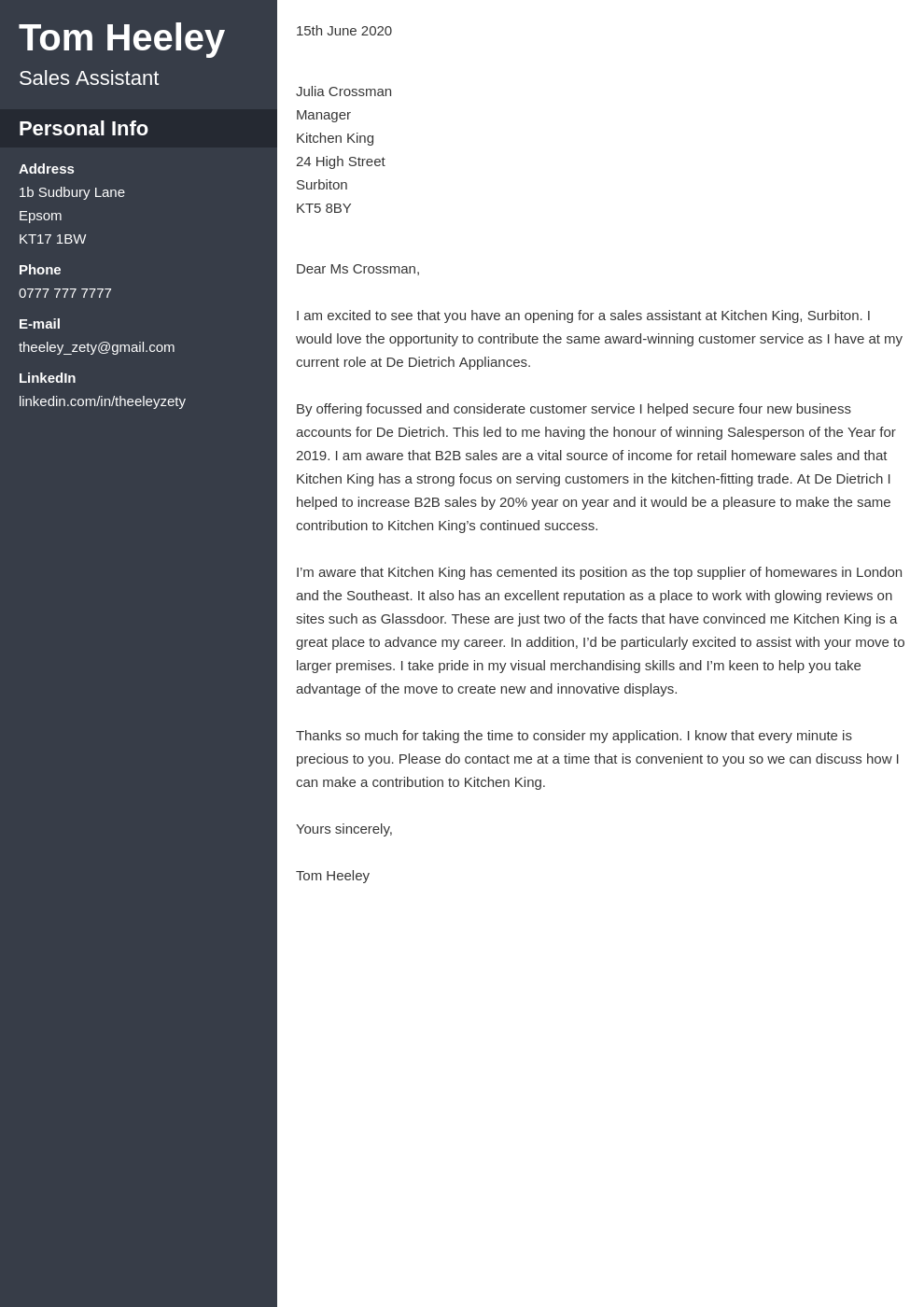 example of an application letter as a sales assistant