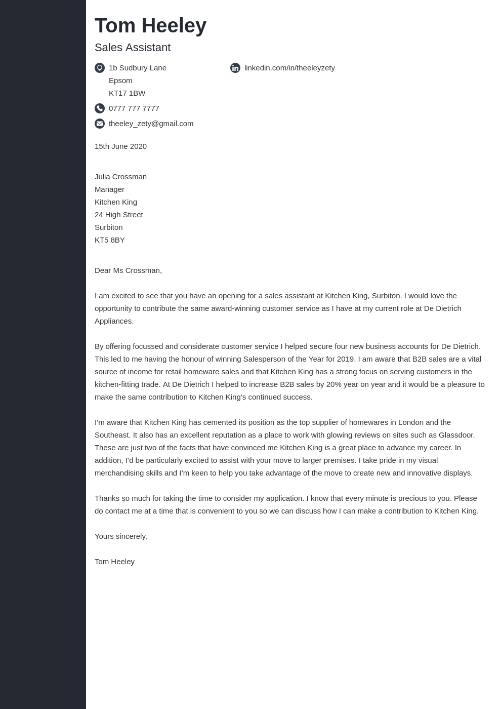 Cover Letter Of Sales Assistant