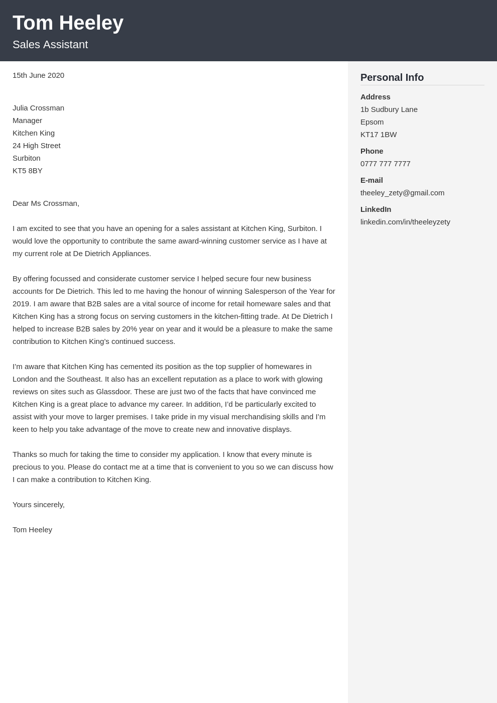 example of an application letter as a sales assistant