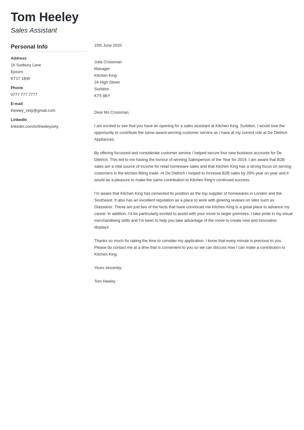 application letter for a sales assistant