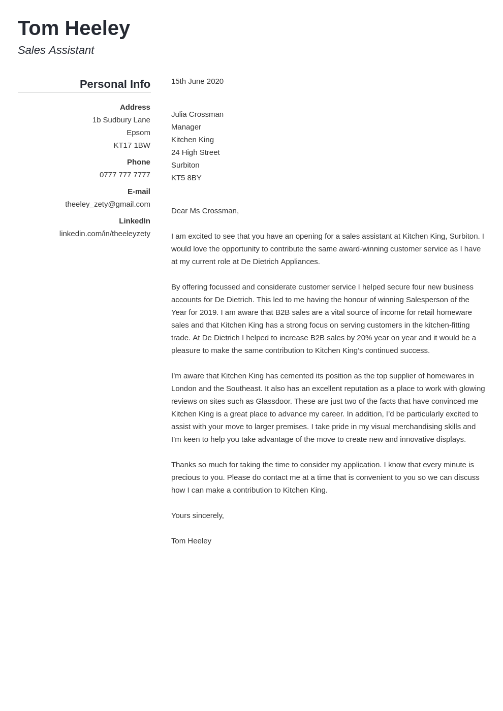 cover letter for part time sales assistant
