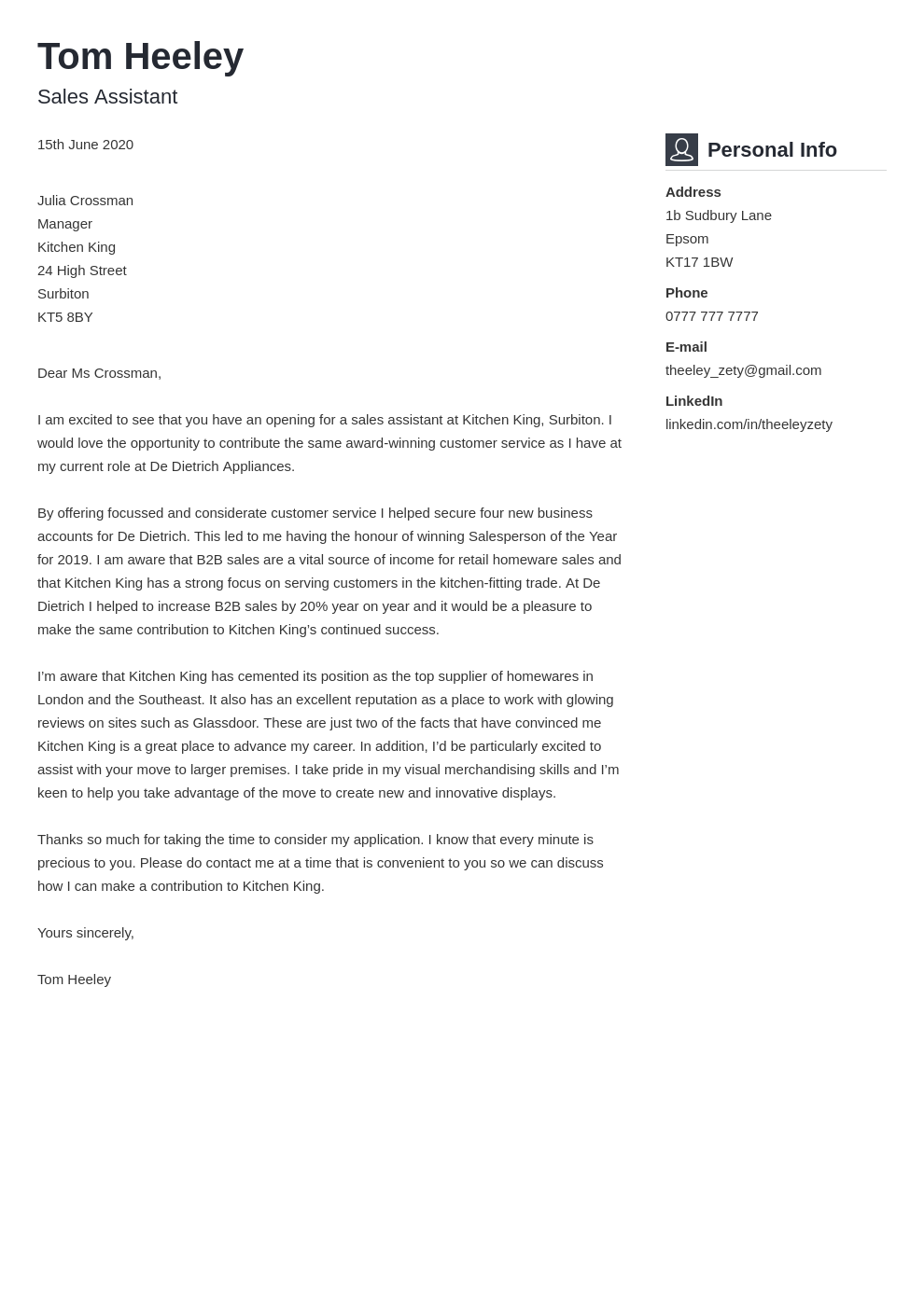 Sales Assistant Cover Letter Template & Writing Guide