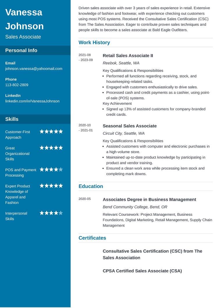 Cascade resume template for sales associates