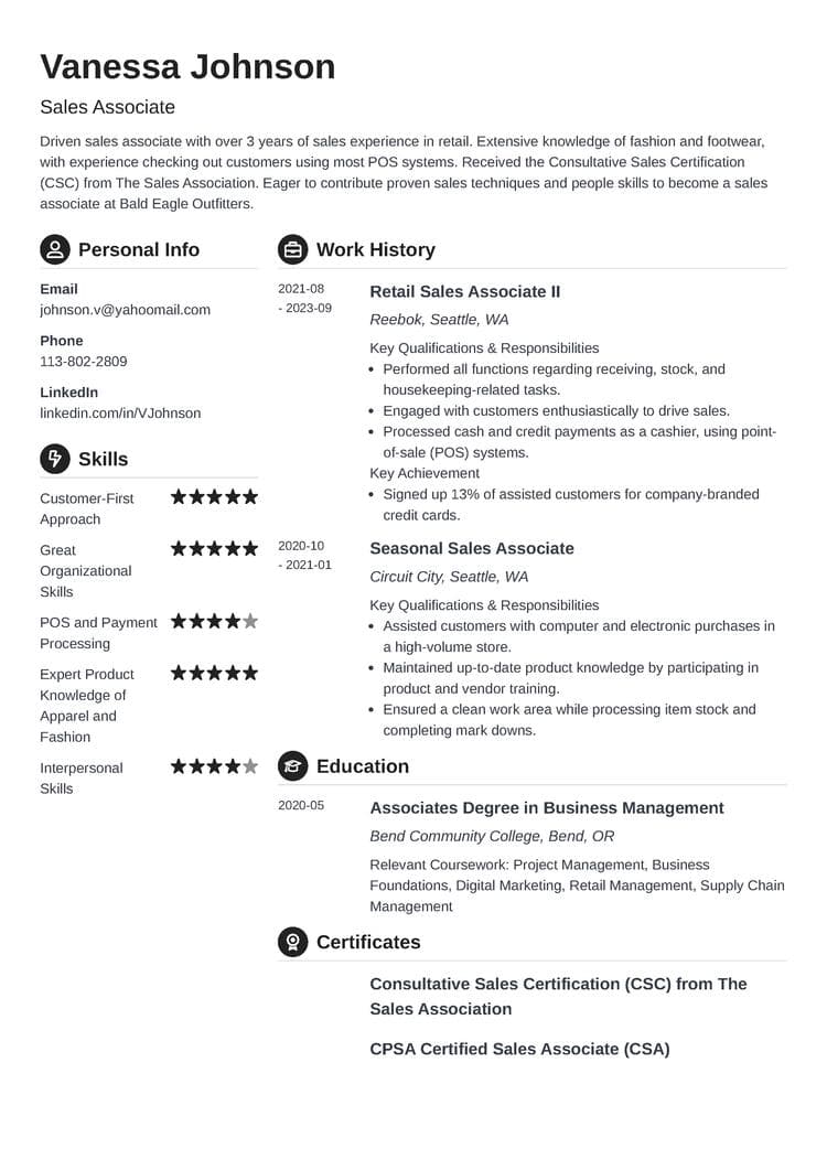 Crisp resume template for sales associates