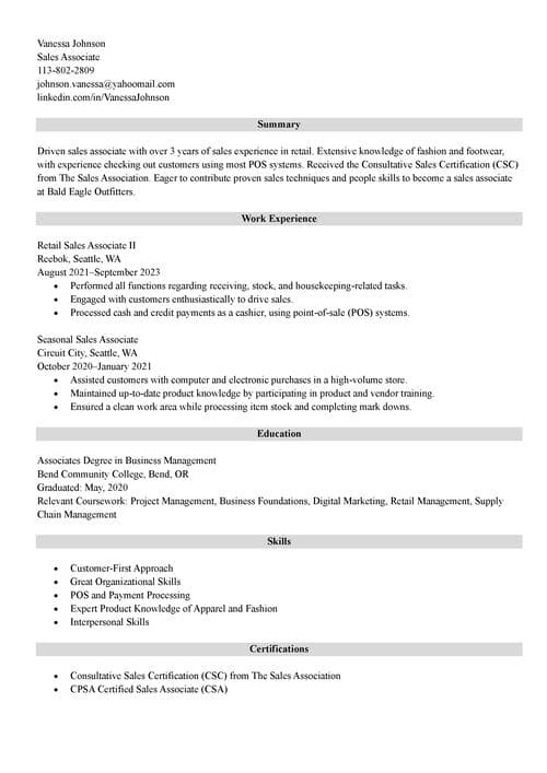 sales associate resume example