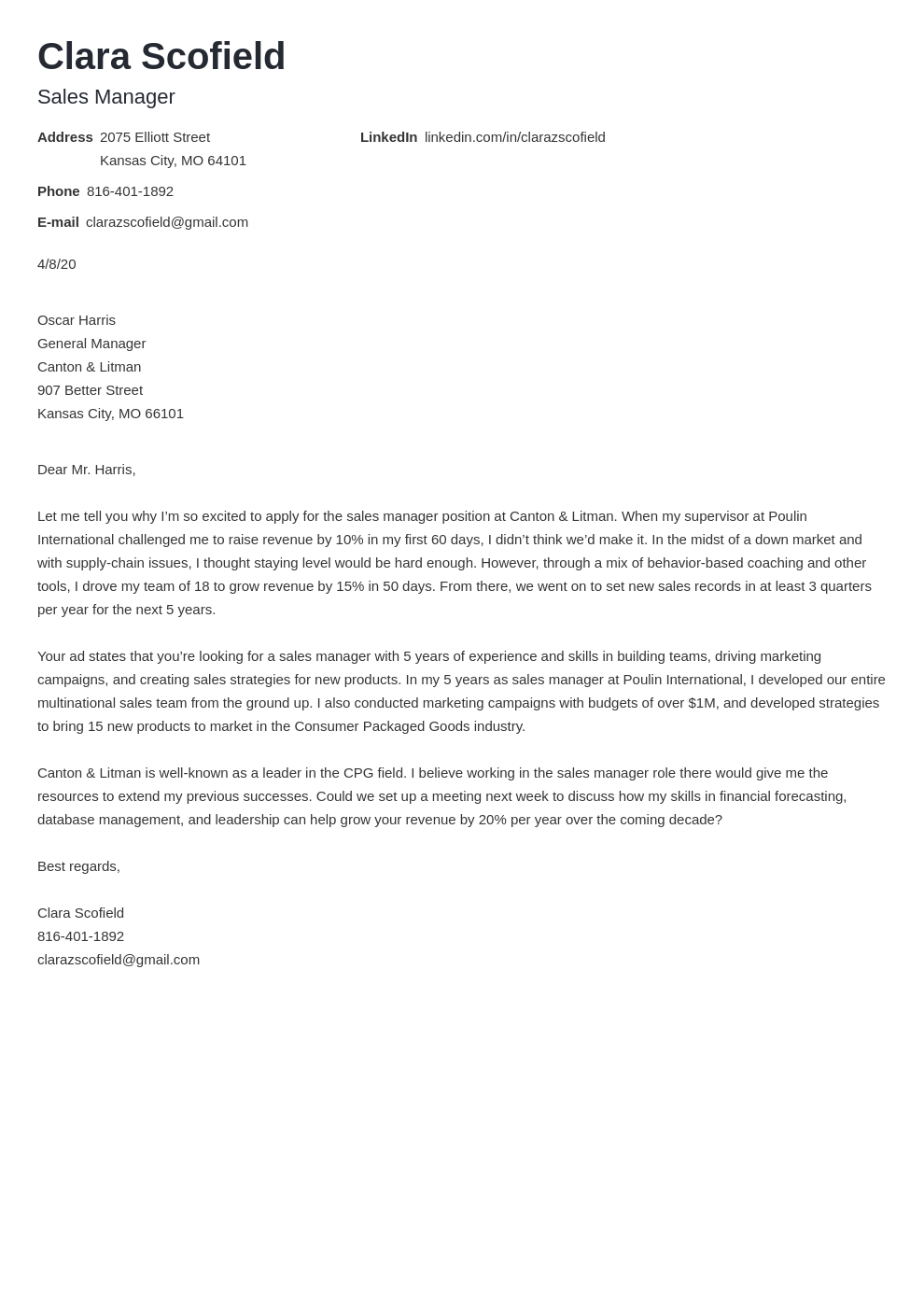 example cover letter for sales management job