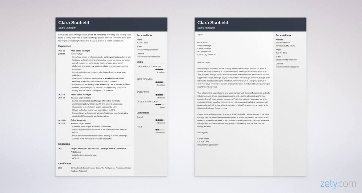 sales manager resume and cover letter set