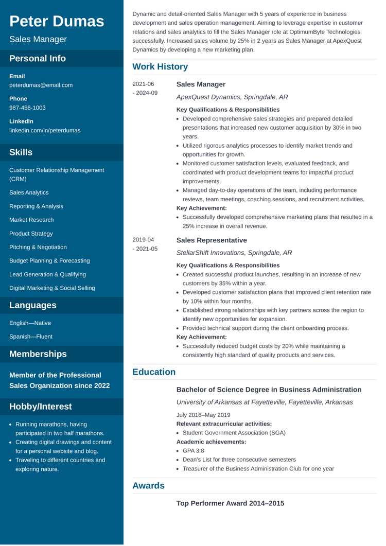 Cascade resume template for sales managers