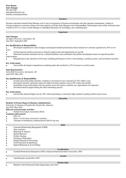 Sales Manager Resume Example