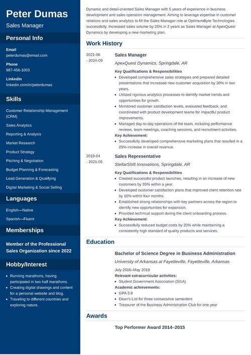 Sales Manager Resume Example