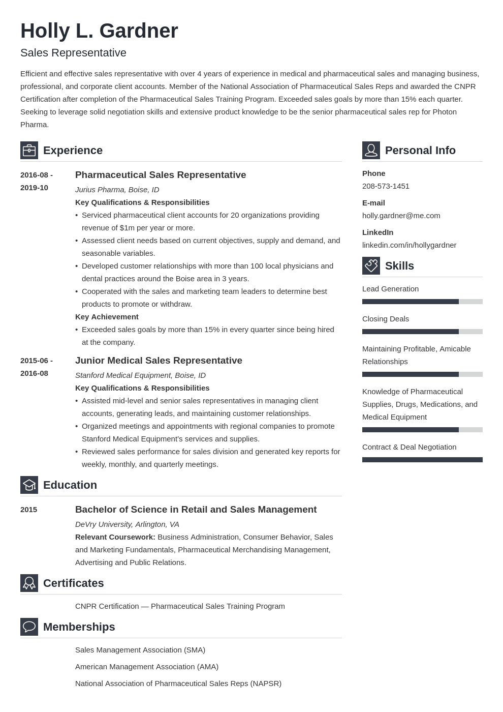 sales rep resume example