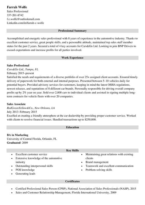 sales resume example