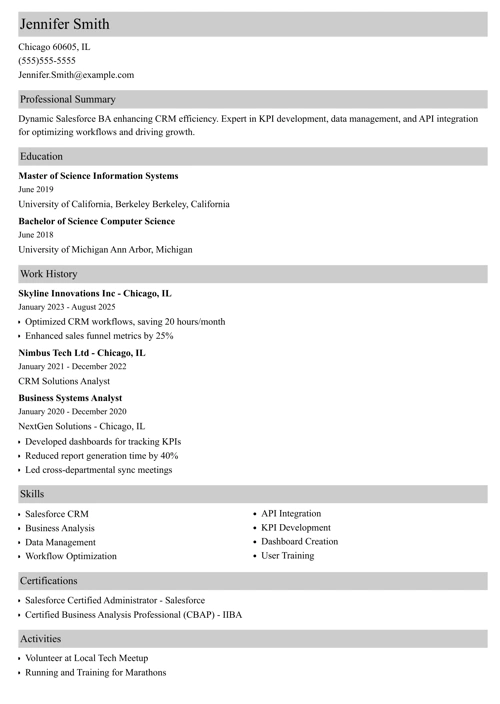 Salesforce business analyst resume example