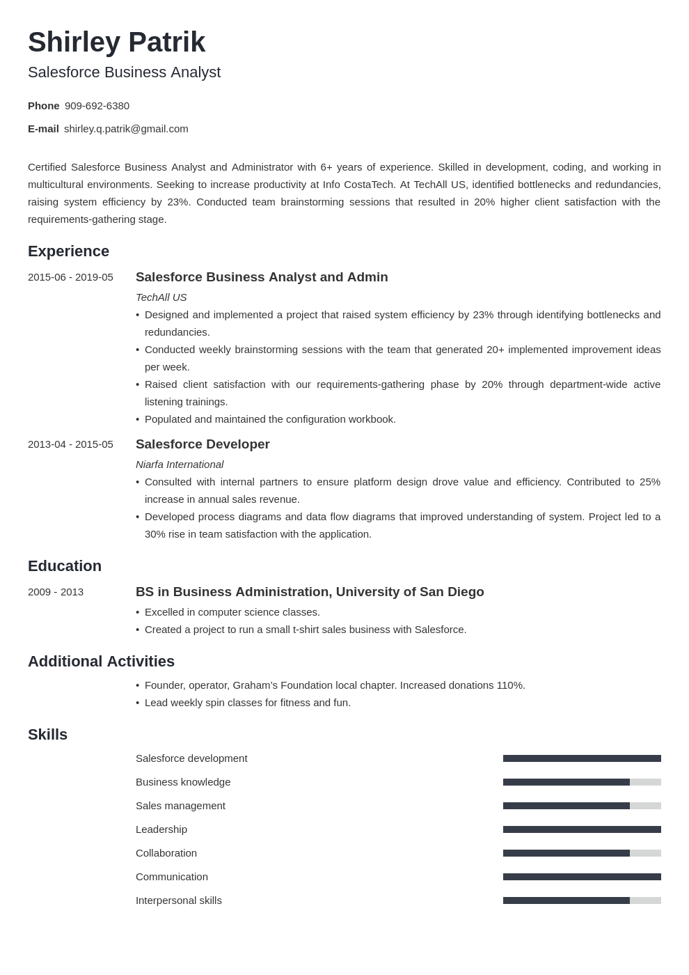 salesforce resume example template minimo