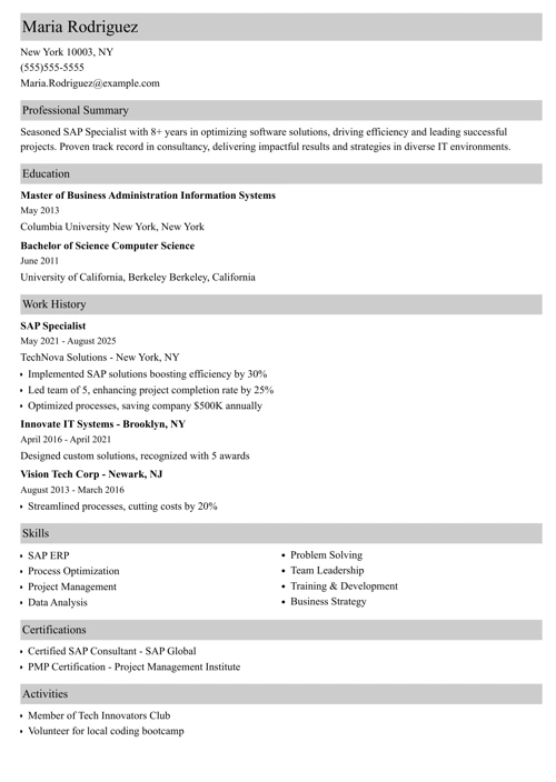 SAP resume example