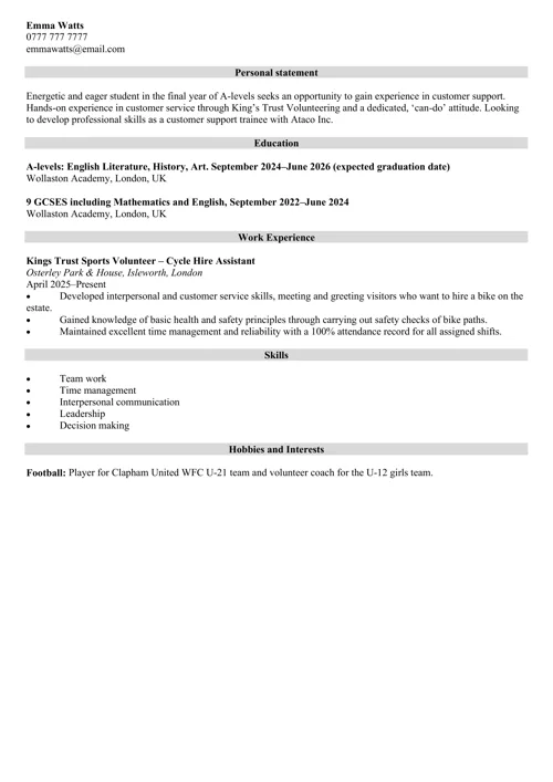 school leaver CV example by Zety UK CV templates