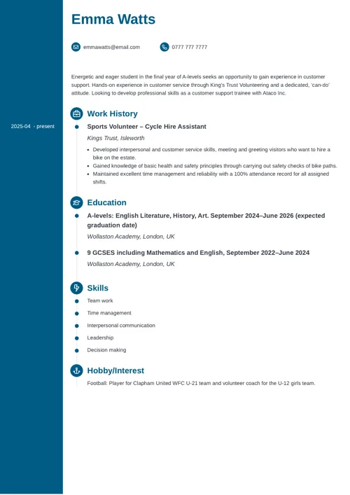school leaver CV example by Zety UK CV templates
