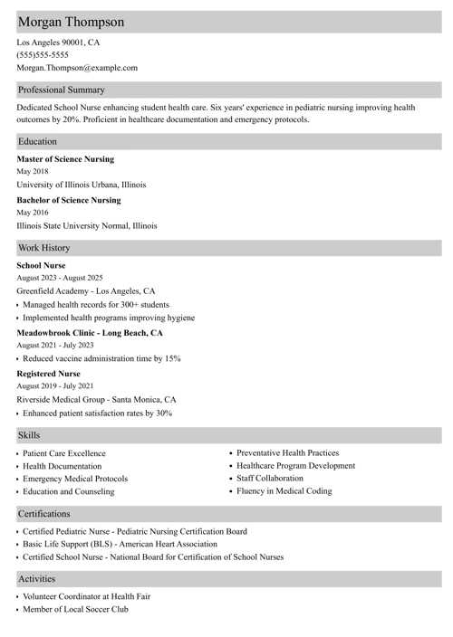 School Nurse Resume Sample