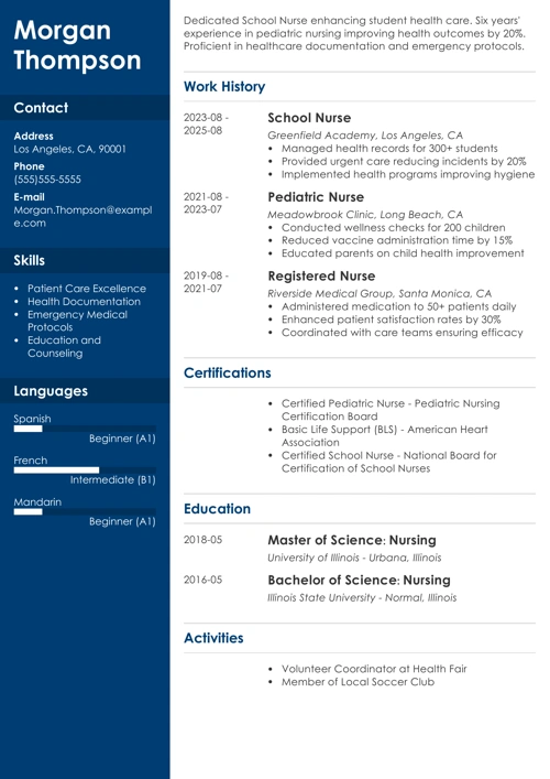 School Nurse Resume Sample