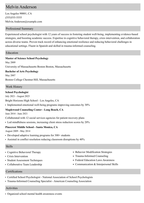 school psychologist resume example