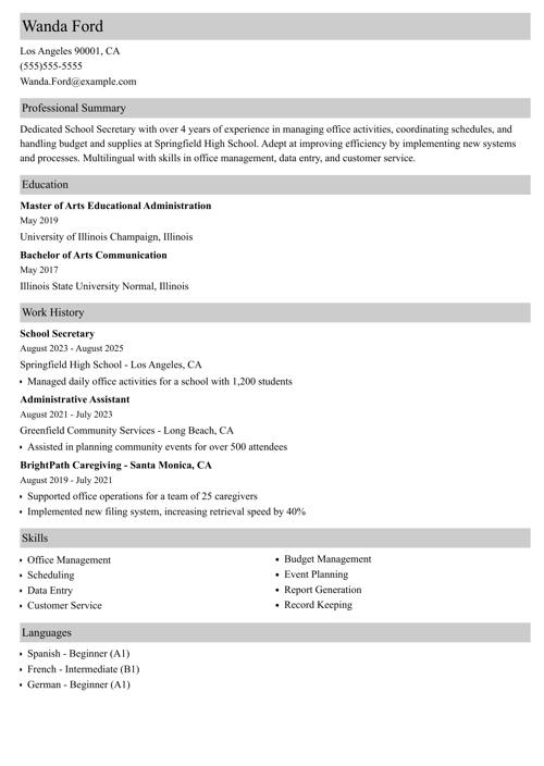 school secretary resume example