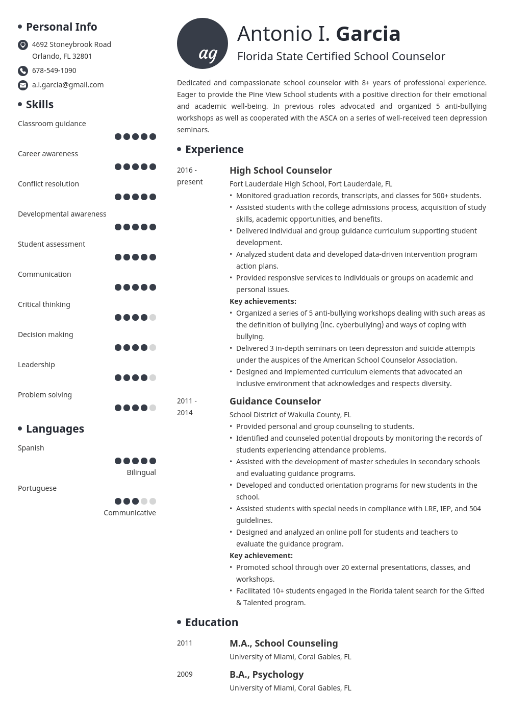 school counselor resume example template initials