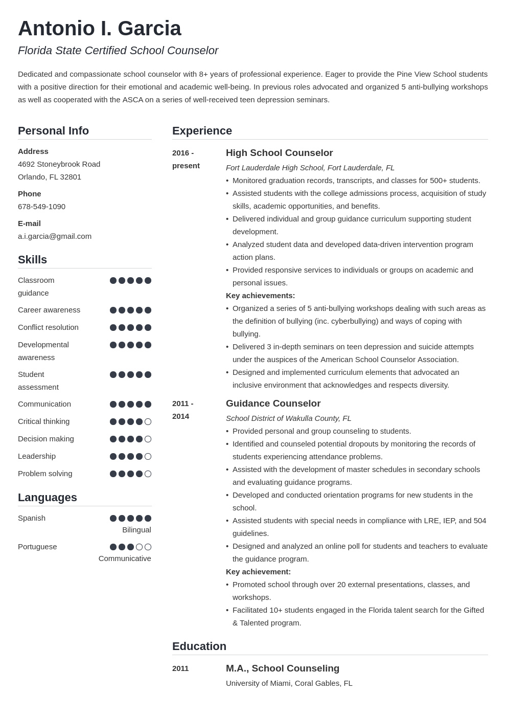 school counselor resume example template simple