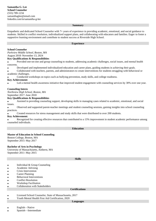 School Counselor Resume Example