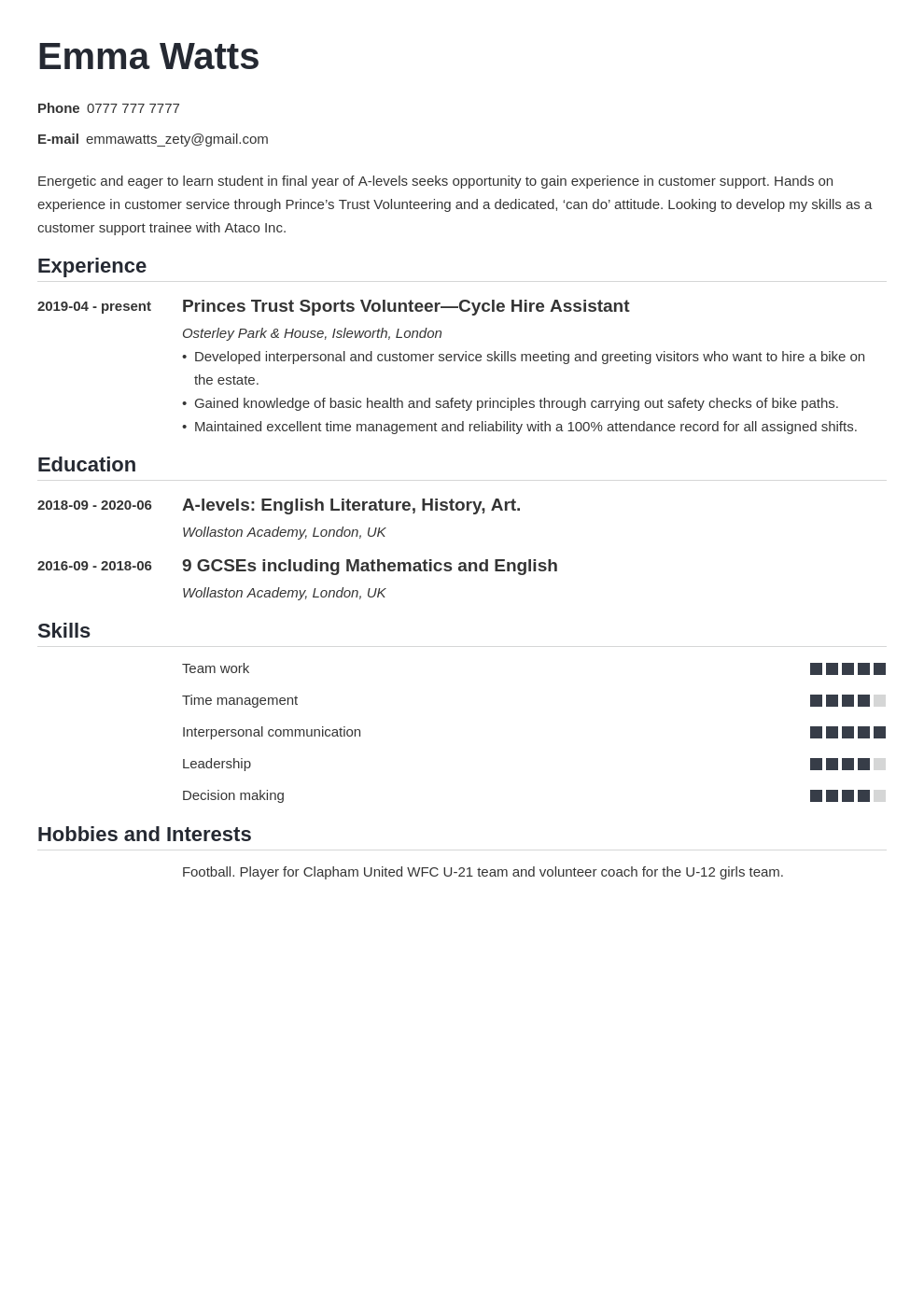 personal statement school leaver cv