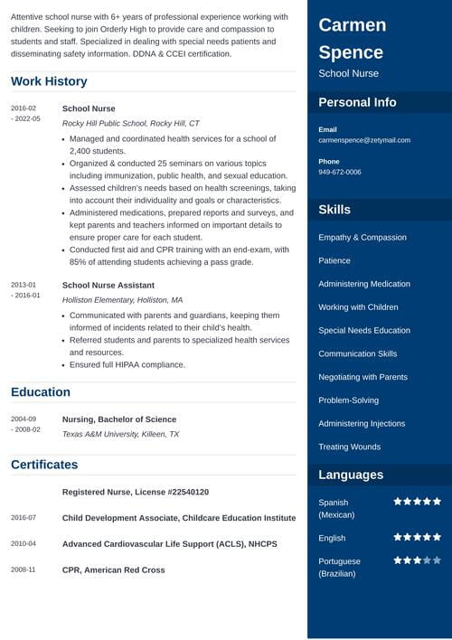 school nurse resume example