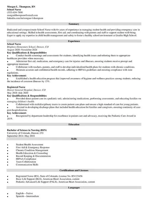 School Nurse Resume Sample