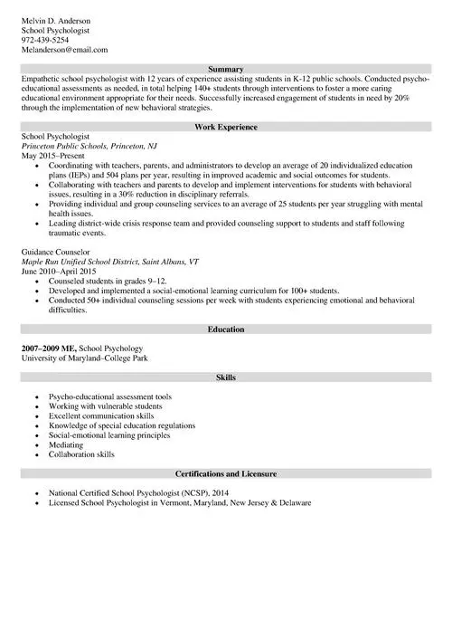 school psychologist resume example