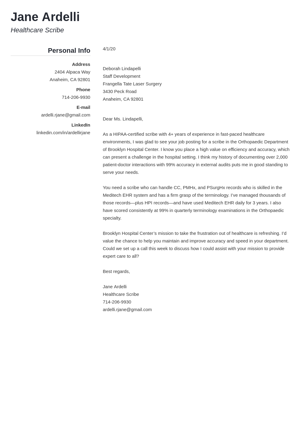 cover letter for medical scribe position