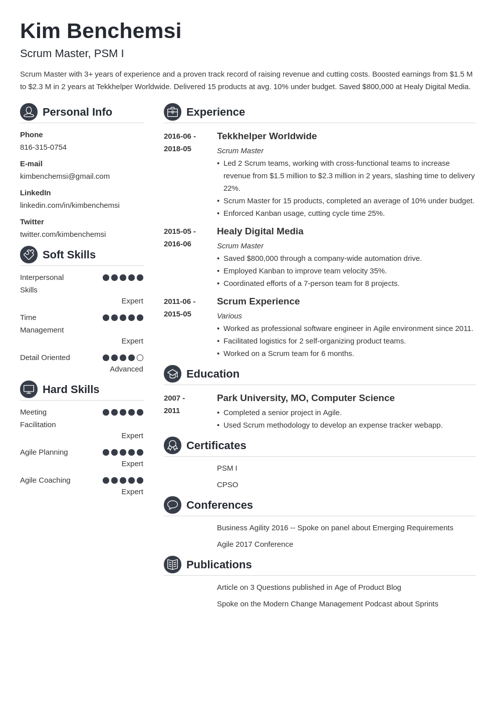 scrum master resume example template crisp