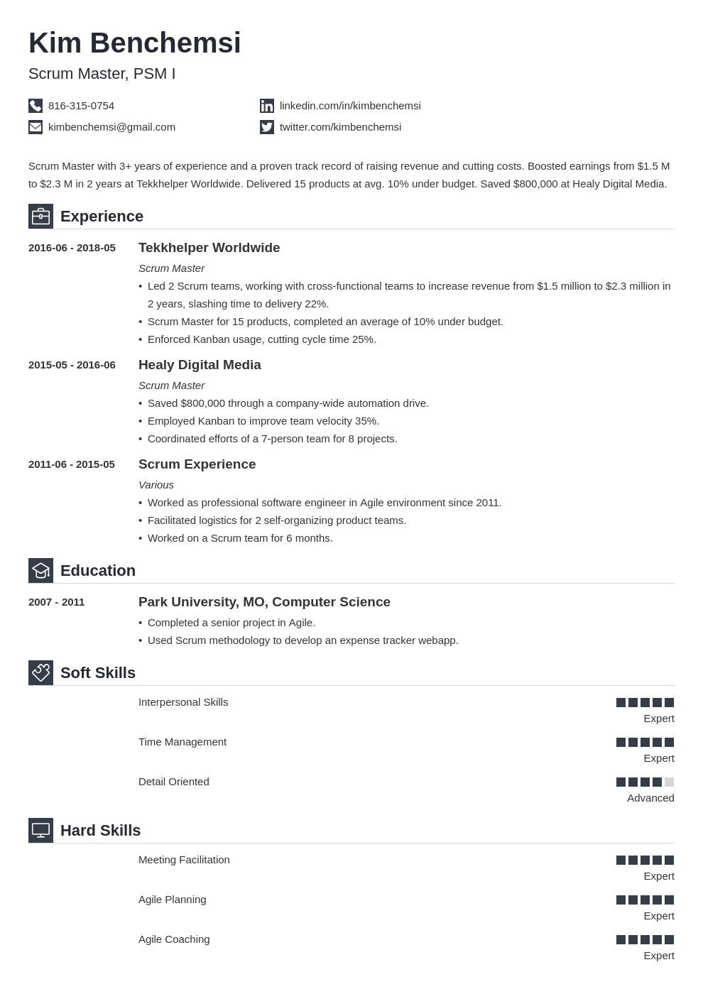 scrum master resume example template iconic