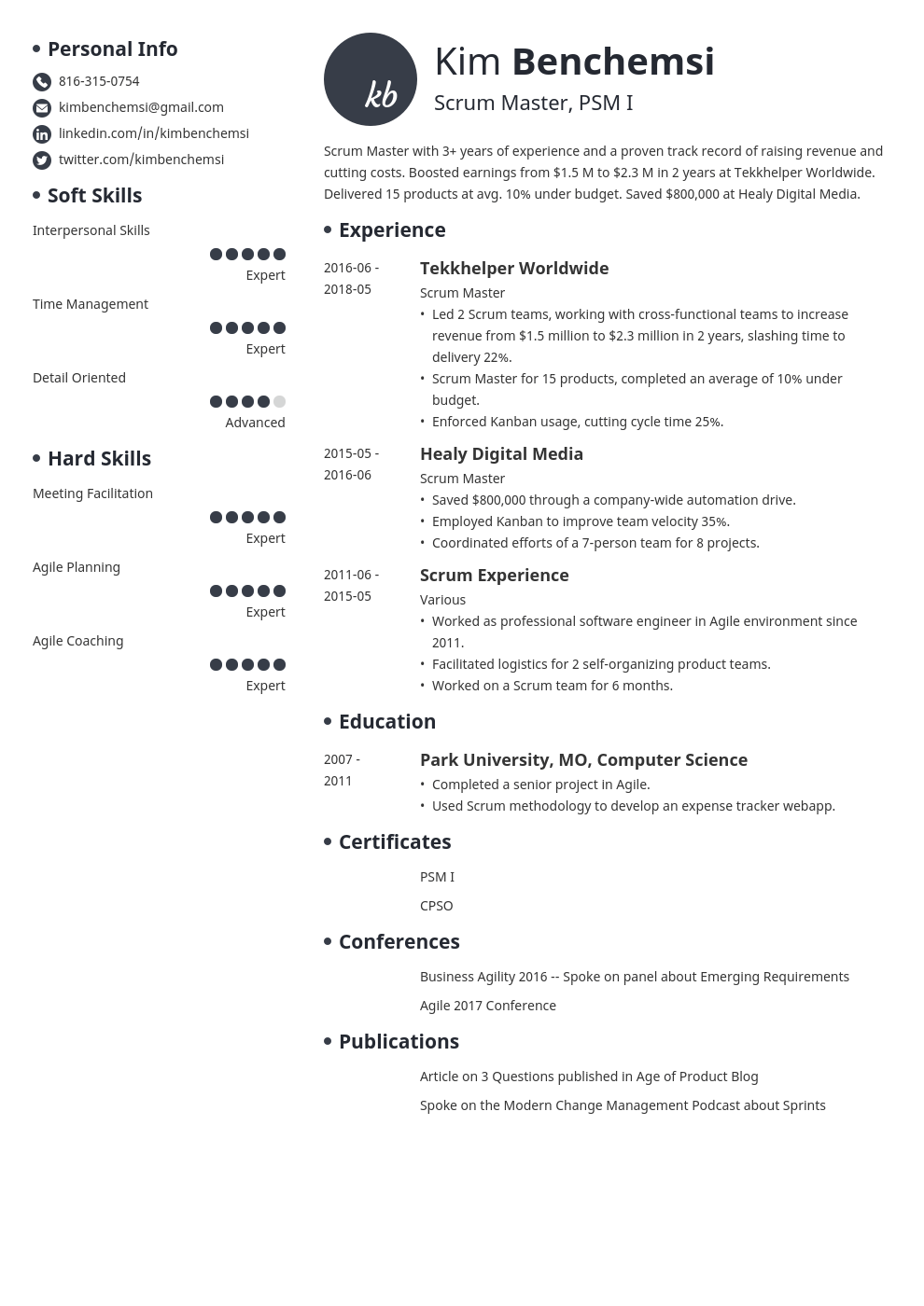 scrum master resume example template initials