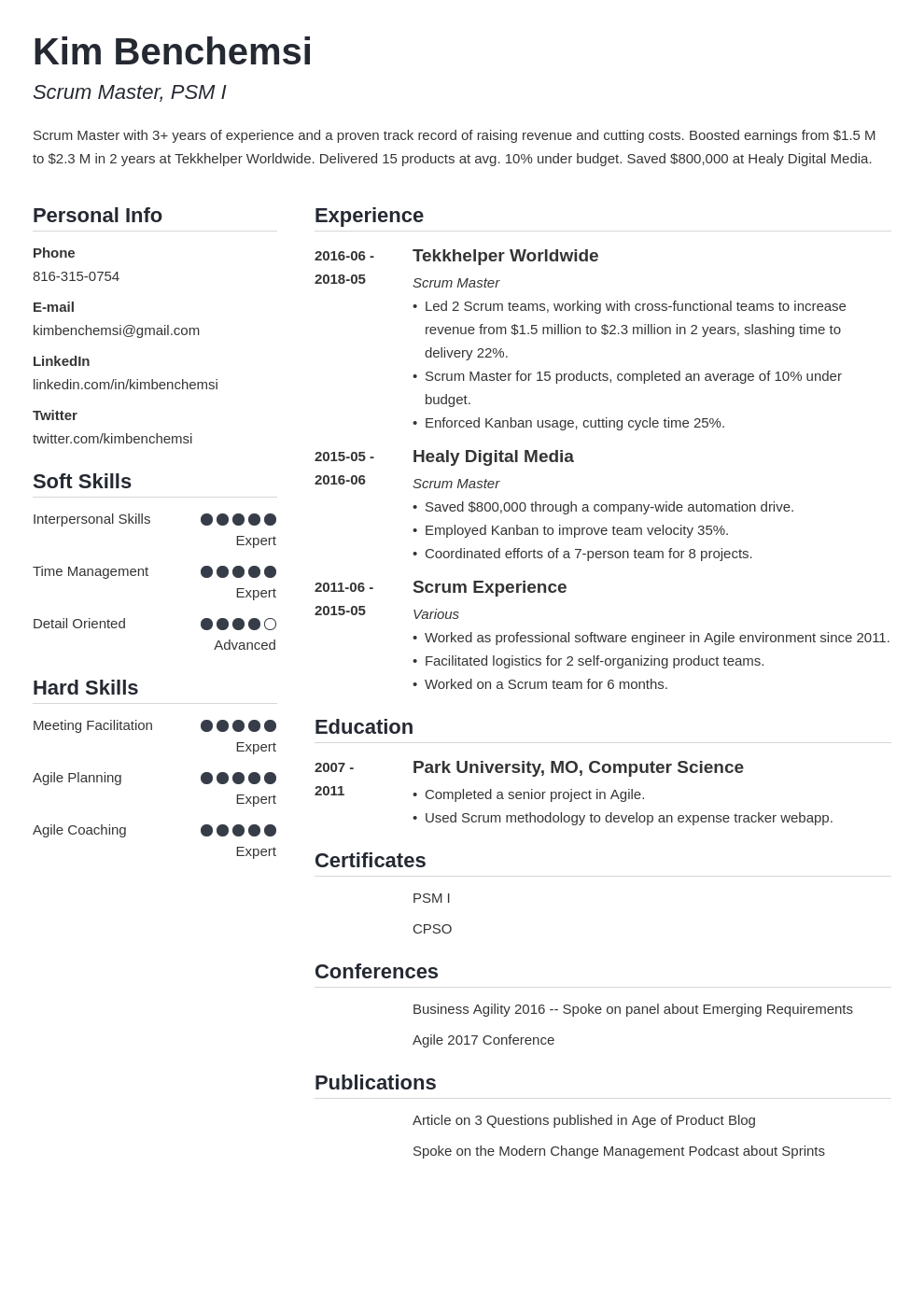 scrum master resume example template simple