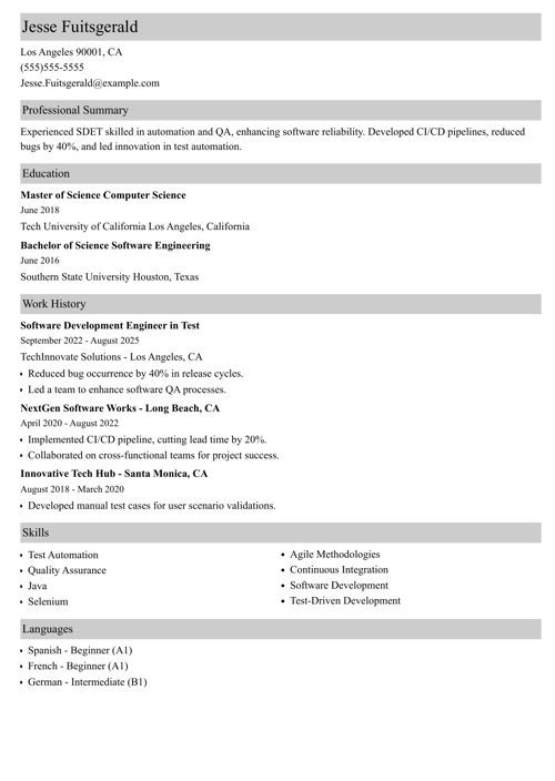 SDET resume example