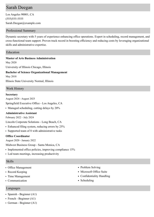 Secretary resume example