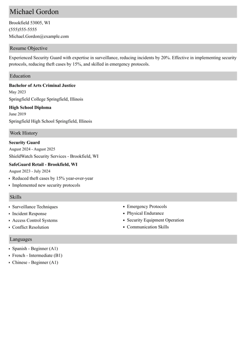 Security guard resume example