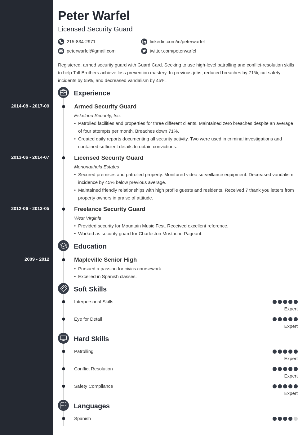 security guard resume example template concept