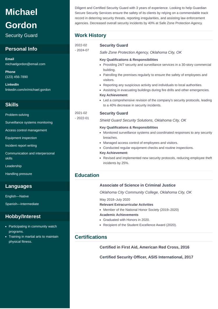 Cascade resume template for security guards