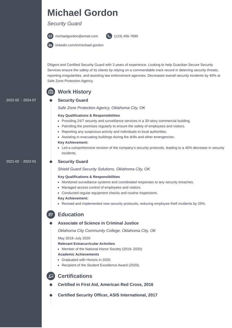 Concept resume template for security guards