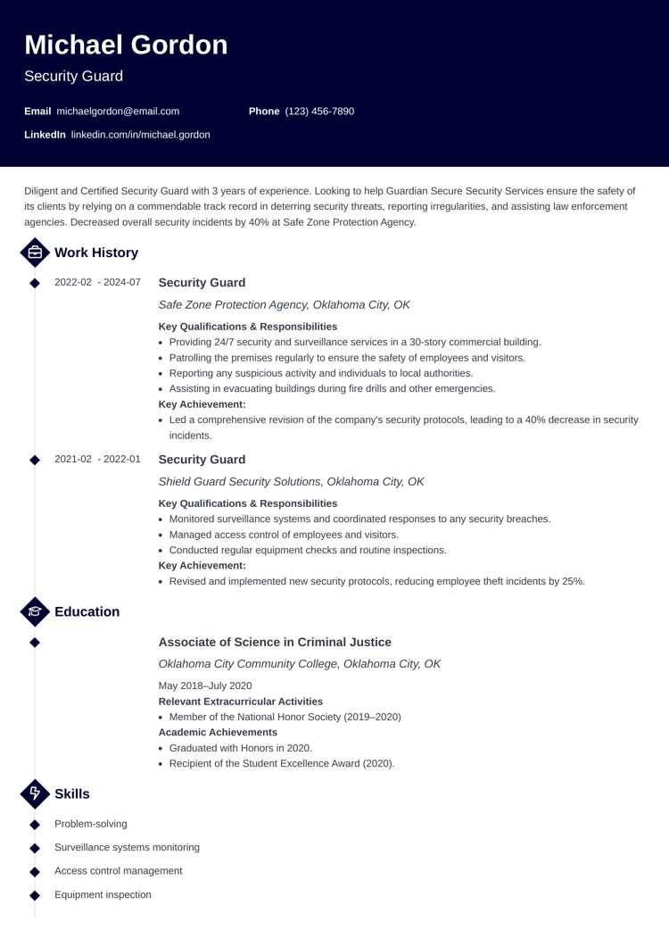 Diamond resume template for security guards