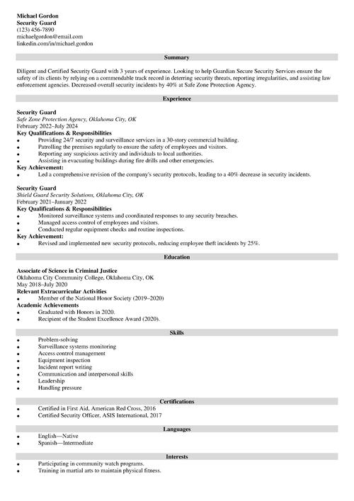 Security Guard Resume Example