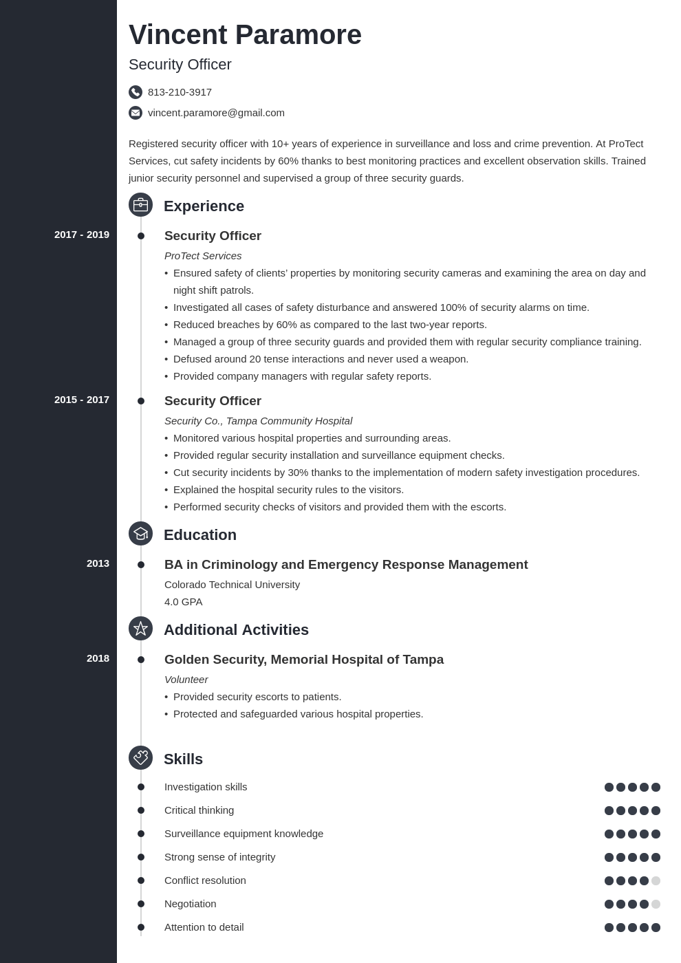 security officer resume example template concept