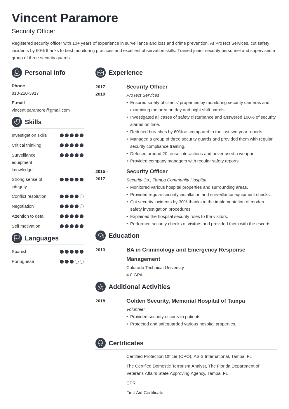 security officer resume example template crisp